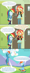 Size: 1920x4608 | Tagged: safe, artist:phantomshadow051, rainbow dash, sunset shimmer, human, pegasus, pony, comic:eqg:bursting rainbow, equestria girls, equestria girls series, bathroom, clothes, crossed legs, desperation, double rainbow, duality, finale, human pony dash, implied twilight sparkle, need to pee, omorashi, out of order, potty dance, potty emergency, potty time, rainbow dash's house, request, self paradox, self ponidox, sunset's journal, sweat, uniform, wonderbolts uniform