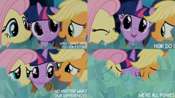 Size: 1280x720 | Tagged: safe, edit, edited screencap, editor:quoterific, screencap, applejack, clover the clever, fluttershy, private pansy, smart cookie, twilight sparkle, earth pony, pegasus, pony, unicorn, g4, hearth's warming eve (episode), season 2, eyes closed, female, mare, open mouth, open smile, smiling, text, trio, unicorn twilight