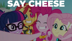 Size: 1280x720 | Tagged: safe, edit, edited screencap, editor:quoterific, screencap, fluttershy, pinkie pie, sci-twi, sunset shimmer, twilight sparkle, equestria girls, g4, my little pony equestria girls: better together, unsolved selfie mysteries, beach, clothes, cute, diapinkes, eyes closed, female, geode of empathy, geode of sugar bombs, glasses, grin, hairpin, jewelry, magical geodes, necklace, one eye closed, one-piece swimsuit, ponytail, selfie, shimmerbetes, shyabetes, smiling, swimsuit, text, twiabetes