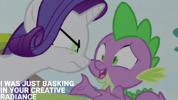 Size: 1280x720 | Tagged: safe, edit, edited screencap, editor:quoterific, screencap, rarity, spike, dragon, pony, unicorn, g4, inspiration manifestation, season 4, blatant lies, duo, female, inspirarity, male, mare, open mouth, open smile, possessed, smiling, text