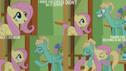 Size: 1280x720 | Tagged: safe, edit, edited screencap, editor:quoterific, screencap, fluttershy, zephyr breeze, pegasus, pony, flutter brutter, g4, season 6, eyes closed, female, grin, hug, male, mare, open mouth, open smile, smiling, stallion, text
