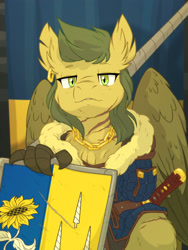 Size: 1920x2560 | Tagged: safe, artist:equestria-prevails, oc, oc only, hippogriff, hybrid, original species, amputee, armor, clothes, current events, hippogriff oc, lidded eyes, looking at you, scar, shield, sitting, solo, spear, ukraine, weapon