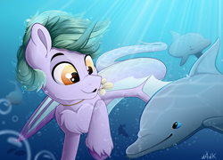 Size: 5000x3600 | Tagged: safe, artist:rainbowfire, oc, oc only, dolphin, hybrid, kirin, original species, pony, siren, bubble, chest fluff, crepuscular rays, cute, gift art, grin, jewelry, male, necklace, ocean, shells, simple background, smiling, stallion, sunlight, swimming, underwater, water, wings, yellow eyes