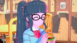 Size: 1920x1080 | Tagged: safe, artist:hornydogo, sci-twi, twilight sparkle, human, equestria girls, g4, 3d, burger, female, food, glasses, hamburger, koikatsu, solo, that human sure does love burgers, twilight burgkle