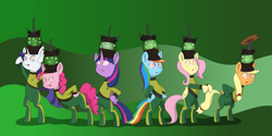 Size: 10000x5000 | Tagged: safe, artist:chedx, applejack, fluttershy, pinkie pie, rainbow dash, rarity, twilight sparkle, alicorn, earth pony, pony, unicorn, g4, bodysuit, brainwashing, chicken dance, clothes, crossover, female, freckles, hat, helmet, jimmy neutron: boy genius, jumpsuit, mane six, mind control, simple background, suit, swirly eyes