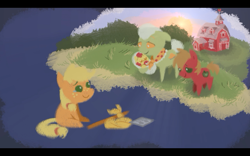 Size: 1280x800 | Tagged: safe, artist:kluzart, apple bloom, applejack, big macintosh, granny smith, earth pony, pony, g4, apple family, baby, baby apple bloom, baby pony, bindle, colt, colt big macintosh, female, filly, filly applejack, foal, male, pacifier, teary eyes, younger