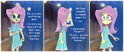 Size: 4000x1673 | Tagged: safe, artist:chopsticks, fluttershy, human, equestria girls, g4, blushing, clothes, comic, date, dialogue, dress, eye clipping through hair, eyebrows, eyebrows visible through hair, eyes closed, female, frown, high res, looking at you, open mouth, open smile, smiling, smiling at you, solo, stuttering, talking, talking to viewer, text