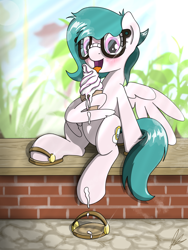 Size: 3000x4000 | Tagged: safe, artist:flaremoon, oc, oc only, oc:hazy breeze, pegasus, pony, blushing, female, food, glasses, hoof sandals, hooves, ice cream, licking, mare, open mouth, open smile, sandals, sitting, smiling, tongue out