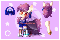 Size: 2048x1365 | Tagged: safe, artist:yilo, oc, oc:sunset cloudy, bat pony, pony, clothes, cute, cutie mark, dress, female, gala dress, glasses, hoof shoes, mare, meganekko, purple background, reference sheet, simple background, socks