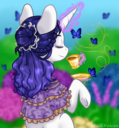 Size: 560x600 | Tagged: safe, artist:vladivoices, oc, oc only, oc:fidelity, butterfly, pony, unicorn, cup, eyes closed, food, glowing, glowing horn, horn, magic, smiling, solo, tea, teacup, telekinesis, unicorn oc