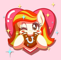 Size: 1173x1149 | Tagged: safe, artist:michiyoshi, oc, oc only, oc:poniko, earth pony, pony, bust, chocolate, eating, female, food, heart, horseshoes, looking at you, mare, one eye closed, pink background, simple background, solo, sparkles, wink, winking at you