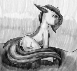 Size: 1760x1624 | Tagged: safe, artist:lil_vampirecj, oc, oc only, oc:cj vampire, earth pony, pony, art, grayscale, looking down, monochrome, simple background, sitting, sketch, solo, tired