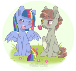 Size: 650x600 | Tagged: safe, artist:vladivoices, oc, oc only, earth pony, pegasus, pony, blushing, cute, earth pony oc, female, flower, flower in mouth, grass, male, mouth hold, oc x oc, open mouth, partial background, pegasus oc, rose, shipping, simple background, spread wings, transparent background, wings