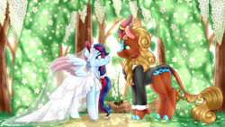 Size: 1920x1080 | Tagged: safe, artist:vladivoices, oc, oc only, kirin, pony, clothes, crying, dress, eye contact, female, interspecies, kirin oc, looking at each other, looking at someone, male, tears of joy, wedding dress