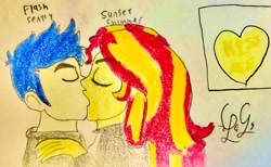 Size: 2439x1498 | Tagged: safe, artist:lugialover249, flash sentry, sunset shimmer, human, equestria girls, g4, eyes closed, female, kiss on the lips, kissing, male, ship:flashimmer, shipping, straight, traditional art