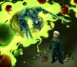 Size: 2000x1752 | Tagged: safe, artist:thyladactyl, oc, oc:laniakea, pony, apple, crossover, draco malfoy, duo, female, food, harry potter (series), levitation, magic, male, telekinesis