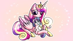 Size: 1600x900 | Tagged: safe, artist:sunniesfunthecupcake, princess cadance, princess flurry heart, alicorn, pony, g4, cute, duo, female, foal, lying down, mother and child, mother and daughter, prone