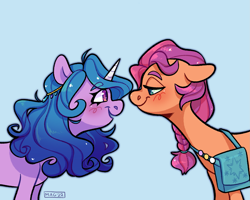 Size: 2559x2048 | Tagged: safe, artist:3ggmilky, izzy moonbow, sunny starscout, earth pony, pony, unicorn, g5, blushing, duo, eye contact, female, high res, lesbian, looking at each other, looking at someone, ship:moonscout, shipping, simple background