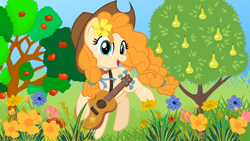 Size: 1920x1080 | Tagged: safe, artist:creativa-artly01, artist:jhayarr23, pear butter, earth pony, pony, g4, apple, apple tree, female, flower, flower in hair, food, freckles, grass, guitar, mare, musical instrument, open mouth, open smile, outdoors, pear, pear tree, smiling, solo, tree