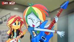 Size: 1280x720 | Tagged: safe, artist:alex mlp, edit, edited screencap, screencap, rainbow dash, sunset shimmer, human, equestria girls, g4, my little pony equestria girls: friendship games, electric guitar, flying v, guitar, musical instrument, smiling