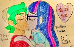 Size: 2619x1675 | Tagged: safe, artist:lugialover249, sci-twi, timber spruce, twilight sparkle, human, equestria girls, g4, eyes closed, female, kiss on the lips, kissing, male, straight, timberlight, traditional art