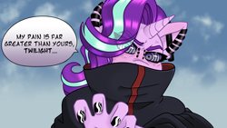 Size: 3840x2160 | Tagged: safe, artist:aqlogenesis, starlight glimmer, unicorn, anthro, g4, akatsuki, clothes, high res, my pain is greater than yours, nagato, nail polish, naruto, pain (naruto), piercing, rinnegan, robe, sky, solo