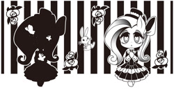 Size: 1500x777 | Tagged: safe, artist:michiyoshi, angel bunny, fluttershy, pegasus, rabbit, semi-anthro, g4, animal, arm hooves, bipedal, clothes, female, flower, grayscale, hat, looking at you, mare, monochrome