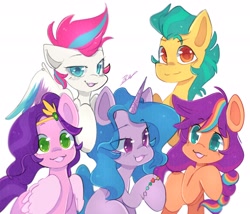 Size: 2048x1751 | Tagged: safe, artist:haichiroo, hitch trailblazer, izzy moonbow, pipp petals, sunny starscout, zipp storm, earth pony, pegasus, pony, unicorn, g5, :3, colored pupils, cute, female, heart eyes, male, mane five, mane stripe sunny, mare, multicolored hair, open mouth, simple background, stallion, white background, wingding eyes
