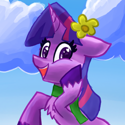 Size: 2100x2100 | Tagged: safe, artist:llamalauncher, twilight sparkle, pony, unicorn, g4, chest fluff, clothes, female, flower, flower in hair, heart eyes, high res, open mouth, scarf, solo, unicorn twilight, wingding eyes