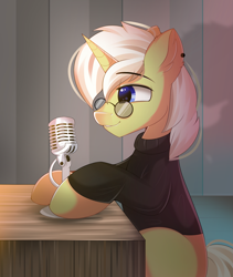 Size: 2243x2654 | Tagged: safe, artist:janelearts, oc, pony, unicorn, glasses, high res, male, microphone, solo, stallion