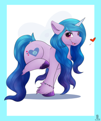 Size: 2500x3000 | Tagged: safe, artist:monsoonvisionz, izzy moonbow, pony, unicorn, g5, bracelet, chest fluff, cute, female, friendship bracelet, heart, high res, izzybetes, jewelry, mare, open mouth, solo, unshorn fetlocks