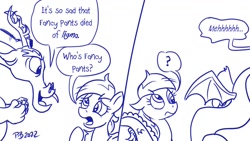 Size: 1200x675 | Tagged: safe, artist:pony-berserker, derpy hooves, discord, draconequus, pegasus, pony, pony-berserker's twitter sketches, pony-berserker's twitter sketches (2022), g4, 2022, comic, ligma, signature, sketch