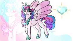Size: 1600x900 | Tagged: safe, artist:sunniesfunthecupcake, princess flurry heart, alicorn, pony, g4, crown, female, hoof shoes, jewelry, mare, older, older flurry heart, regalia, smiling, solo, zoom layer