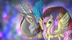 Size: 1600x900 | Tagged: safe, artist:sunniesfunthecupcake, discord, fluttershy, draconequus, pegasus, pony, g4, abstract background, duo, female, male, signature