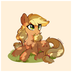 Size: 1002x1002 | Tagged: safe, artist:aureai, applejack, earth pony, pony, g4, chest fluff, cute, ear fluff, female, happy, jackabetes, leg fluff, looking up, lying, missing accessory, mouth hold, simple background, sitting, solo