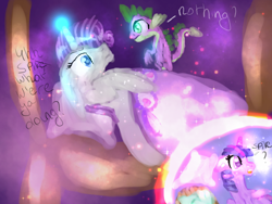 Size: 800x600 | Tagged: safe, artist:sunniesfunthecupcake, rarity, spike, twilight sparkle, dragon, pony, unicorn, g4, bed, creepy, female, glowing, glowing horn, horn