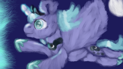 Size: 1600x900 | Tagged: safe, artist:sunniesfunthecupcake, princess luna, alicorn, pony, g4, female, flying, glowing, glowing horn, horn, s1 luna, solo