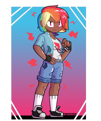 Size: 2000x2400 | Tagged: safe, artist:ronin20181, rainbow dash, human, g4, clothes, converse, dark skin, glasses, high res, humanized, jacket, looking at you, shoes, shorts, smiling, solo