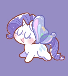 Size: 1080x1200 | Tagged: safe, artist:typhwosion, rarity, pony, unicorn, g4, blushing, eyes closed, female, glimmer wings, gossamer wings, mare, open mouth, purple background, simple background, smiling, solo, wings