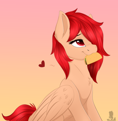 Size: 1944x2000 | Tagged: safe, artist:monsoonvisionz, oc, oc only, pony, chest fluff, commissioner:kingforrestbob, female, folded wings, food, gradient background, heart, mouth hold, solo, sternocleidomastoid, taco, wings