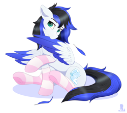 Size: 2000x1787 | Tagged: safe, artist:monsoonvisionz, oc, oc:black ice, pegasus, pony, clothes, female, grooming, pegasus oc, preening, simple background, socks, solo, striped socks, white background, wings