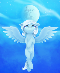 Size: 4530x5516 | Tagged: safe, artist:omnanya, oc, oc only, oc:snowdrop, pegasus, pony, female, mare, mare in the moon, moon, pegasus oc, solo, spread wings, wings