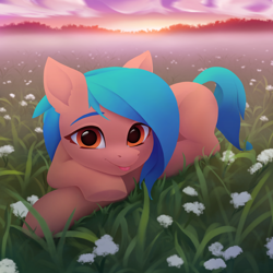 Size: 3000x3000 | Tagged: safe, artist:omnanya, oc, oc only, earth pony, pony, :p, crossed hooves, earth pony oc, female, flower, fog, grass, high res, lying down, mare, outdoors, prone, scenery, solo, tongue out