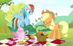 Size: 500x312 | Tagged: safe, screencap, angel bunny, applejack, rainbow dash, earth pony, pegasus, pony, rabbit, g4, maud pie (episode), season 4, all new, animal, animated, applejack's hat, basket, blinking, cowboy hat, female, flying, food, frown, gif, hat, looking at someone, loop, mare, muffin, outdoors, picnic, picnic blanket, smiling, spread wings, standing, talking, text, wings