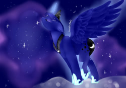 Size: 1200x840 | Tagged: safe, artist:sunniesfunthecupcake, princess luna, alicorn, pony, g4, eyes closed, female, glowing, glowing horn, horn, solo
