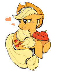 Size: 550x700 | Tagged: safe, artist:rebe921, applejack, earth pony, pony, g4, apple, apple basket, cute, female, floppy ears, food, heart, heart eyes, hoof hold, jackabetes, mare, simple background, smiling, solo, that pony sure does love apples, white background, wingding eyes