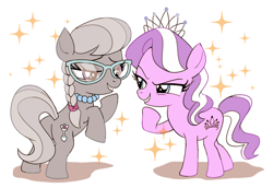 Size: 800x550 | Tagged: safe, artist:rebe921, diamond tiara, silver spoon, earth pony, pony, g4, butt, duo, evil smile, female, filly, foal, grin, jewelry, plot, simple background, smiling, smirk, tiara, white background