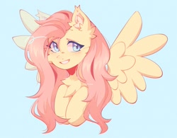 Size: 1861x1454 | Tagged: safe, artist:_stellarsleep, fluttershy, pegasus, pony, g4, blue background, bust, cheek fluff, chest fluff, cute, ear fluff, female, mare, shyabetes, simple background, smiling, solo, spread wings, wings