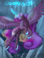 Size: 1200x1600 | Tagged: safe, artist:sunniesfunthecupcake, princess cadance, alicorn, pony, g4, crystal caverns, female, flying, glowing, glowing horn, horn, solo