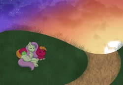 Size: 1280x890 | Tagged: safe, artist:marsh-mal-oh, big macintosh, fluttershy, earth pony, pegasus, pony, cuddling, cute, eyes closed, female, fluttermac, grass, hill, lying down, macabetes, male, mare, prone, redraw, shipping, shyabetes, smiling, stallion, straight, sunset